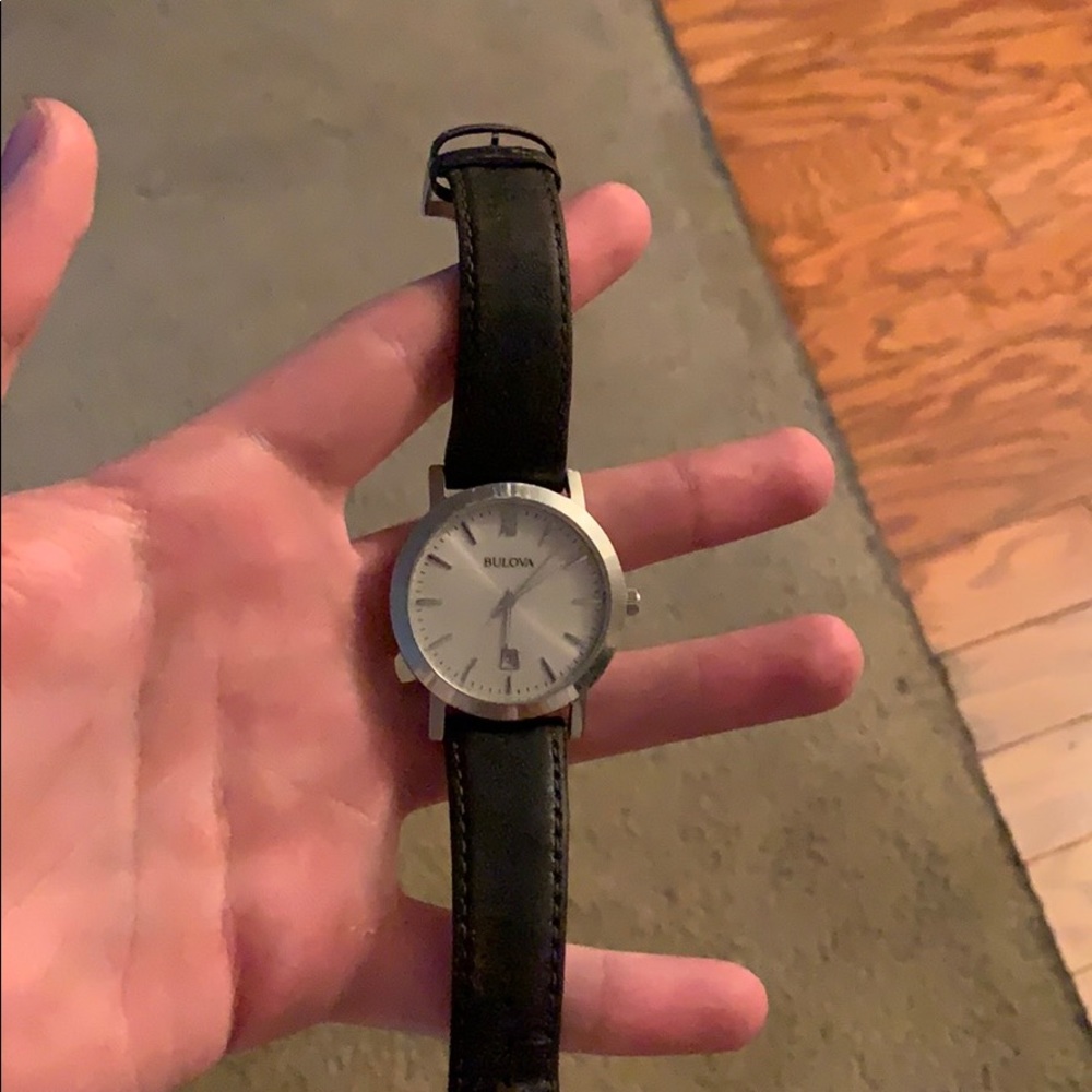 Buluva stainless steel watch with leather band